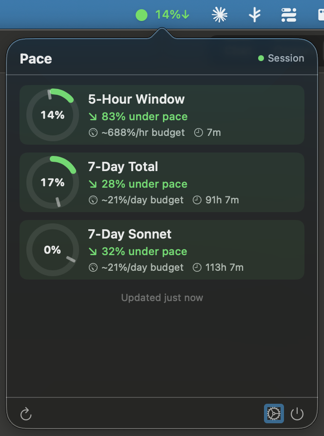 Pace app showing usage quotas with pace tracking